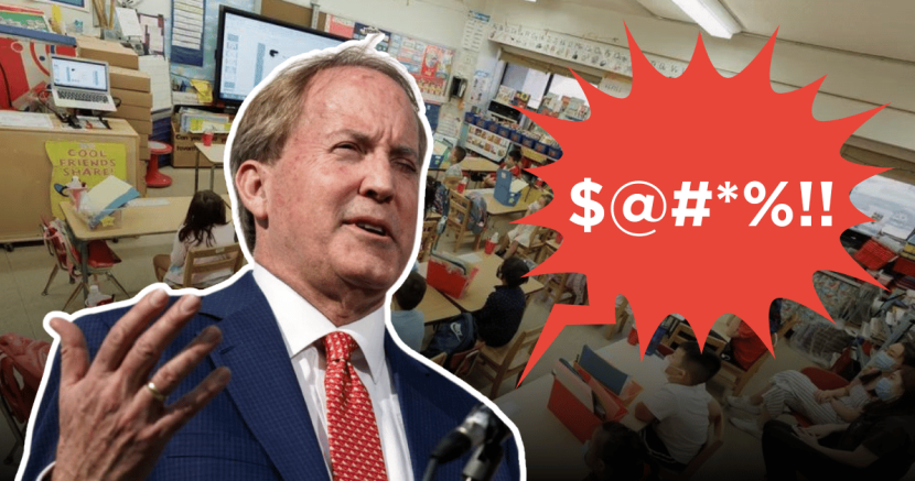 Ken Paxton with an angry text bubble in front of a classroom